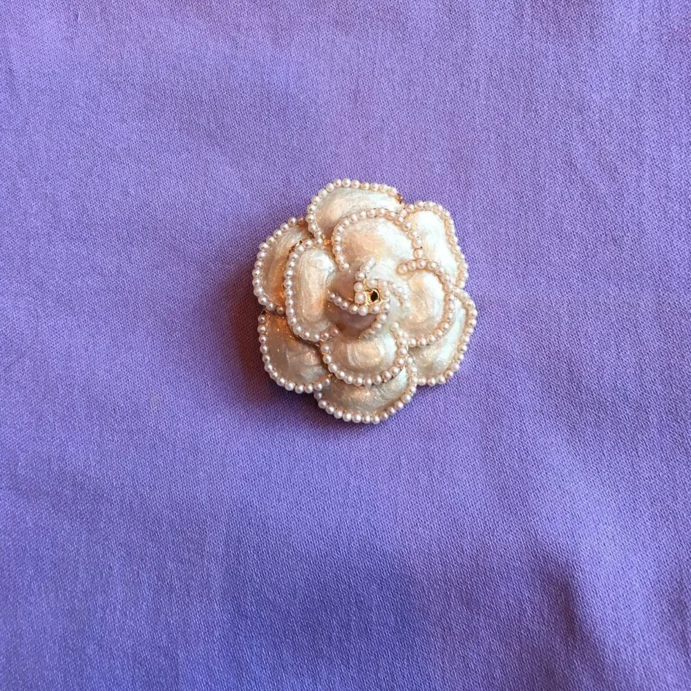 Pearl Camellia Flower Brooch Pin Ivory White Couture Style